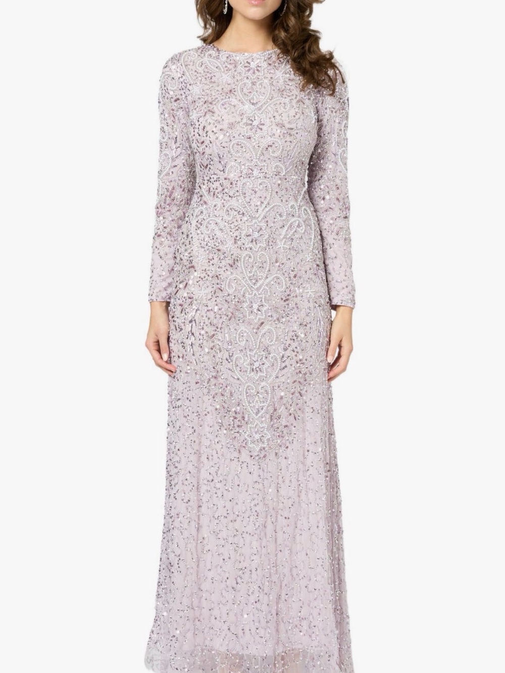 Beaded Long-Sleeve Lavender Evening Dress